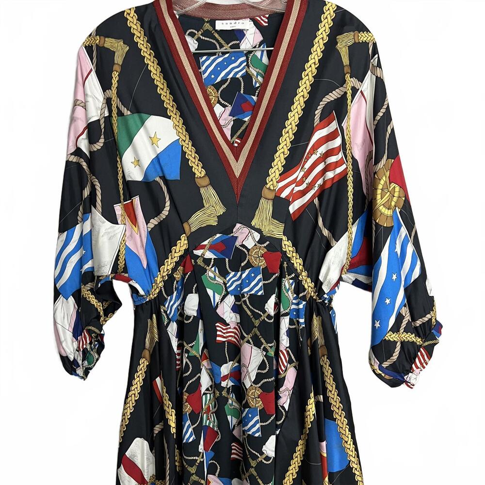 Sandro Paris Silk Scarf Print Midi Dress Flags Handkerchief Hem FR38 US6 M RARE